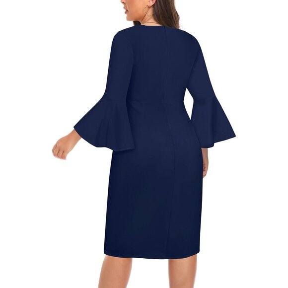 Plus Size Work Dress Polyester Blend V Neck Bell Sleeves Knee Length - Picture 4 of 5